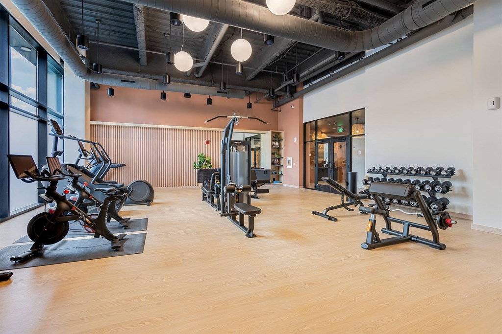 a gym with weights and exercise equipment in a room with windows