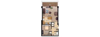 A floor plan of a house with a kitchen, living room, dining room, and bathroom.