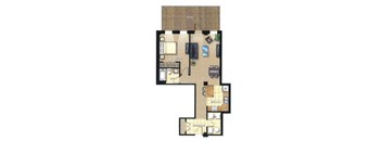 A floor plan of a house with a living room, dining room, kitchen, and bedrooms.