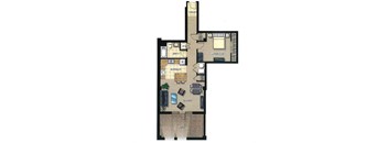 A floor plan of a house with a living room, dining room, kitchen, and two bedrooms.