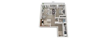 A floor plan of a Balcony apartment with a living room, kitchen, bathroom, and bedroom.