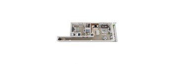 A floor plan of an apartment with a living room, dining room, kitchen, bedroom, and balcony.