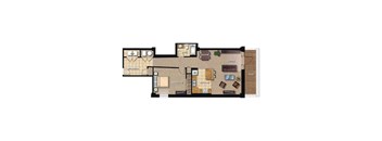 A floor plan of a house with a living room, dining room, kitchen, bedroom, and bathroom.