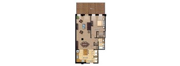 A floor plan of a house with a living room, dining room, kitchen, and bathrooms.