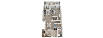 A floor plan of a small apartment with a living area, kitchen, and bathroom.