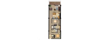 A floor plan of a house with two bedrooms, a living room, a dining room, a kitchen, a bathroom, a pantry, and a patio.