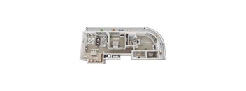 A floor plan of an apartment with a living room, kitchen, and three bedrooms.