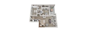 A floor plan of a house with a living room, kitchen, and three bedrooms.