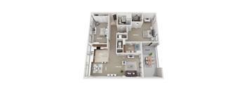 A 3D floor plan of an apartment with two bedrooms, a living area, a kitchen, a bathroom, and a balcony.