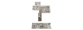 A floor plan of a house with a kitchen, living room, dining room, and two bedrooms.