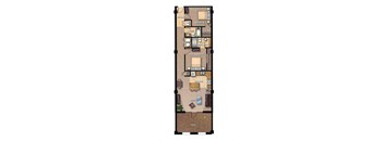 A floor plan of a house with a garage, two bedrooms, a living room, a kitchen, a bathroom, and a patio.