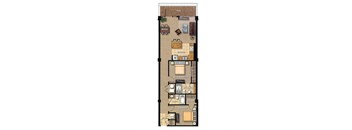 A floor plan of a house with a dining area, living room, kitchen, pantry, and three bedrooms.