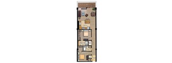 A floor plan of a house with a living room, dining room, kitchen, bathroom, and bedrooms.