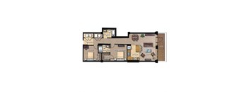 A floor plan of a house with a dining room, living room, kitchen, and bedrooms.