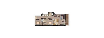 A floor plan of a house with a dining area, living room, kitchen, and two bedrooms.