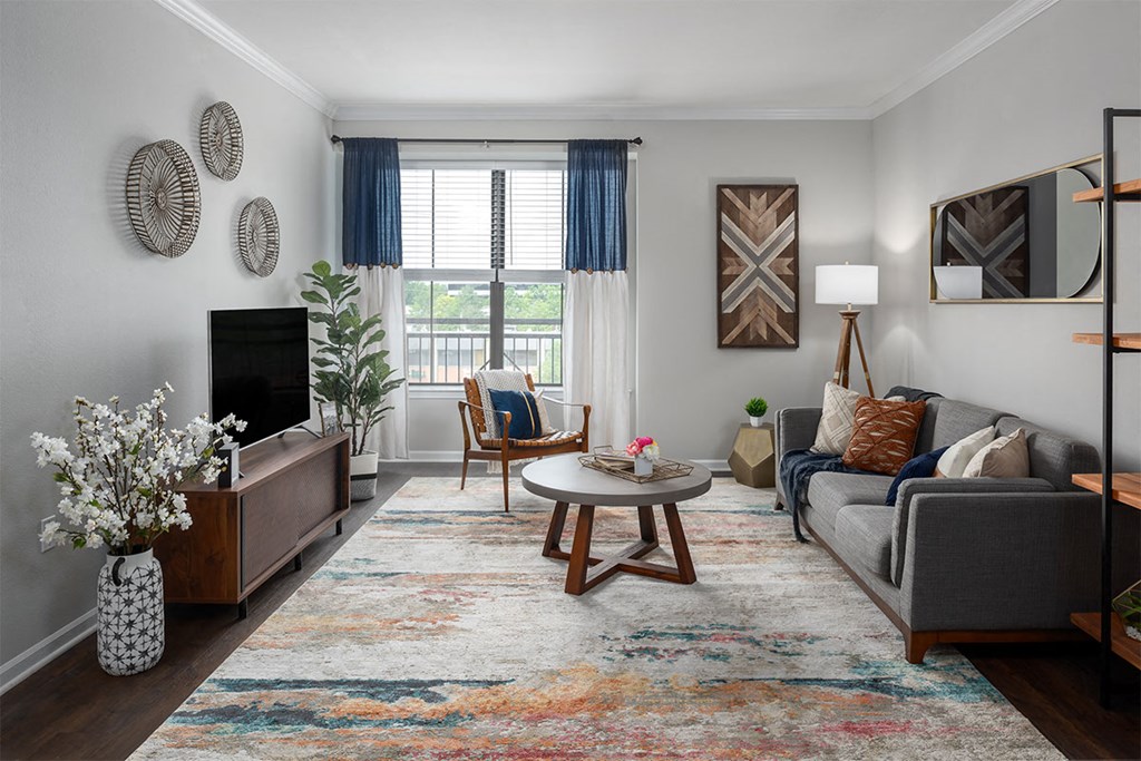 a living room with a gray couch and a rug