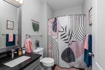 a bathroom with a shower curtain and a sink and a toilet