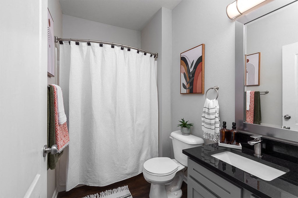a bathroom with a shower and a toilet and a sink