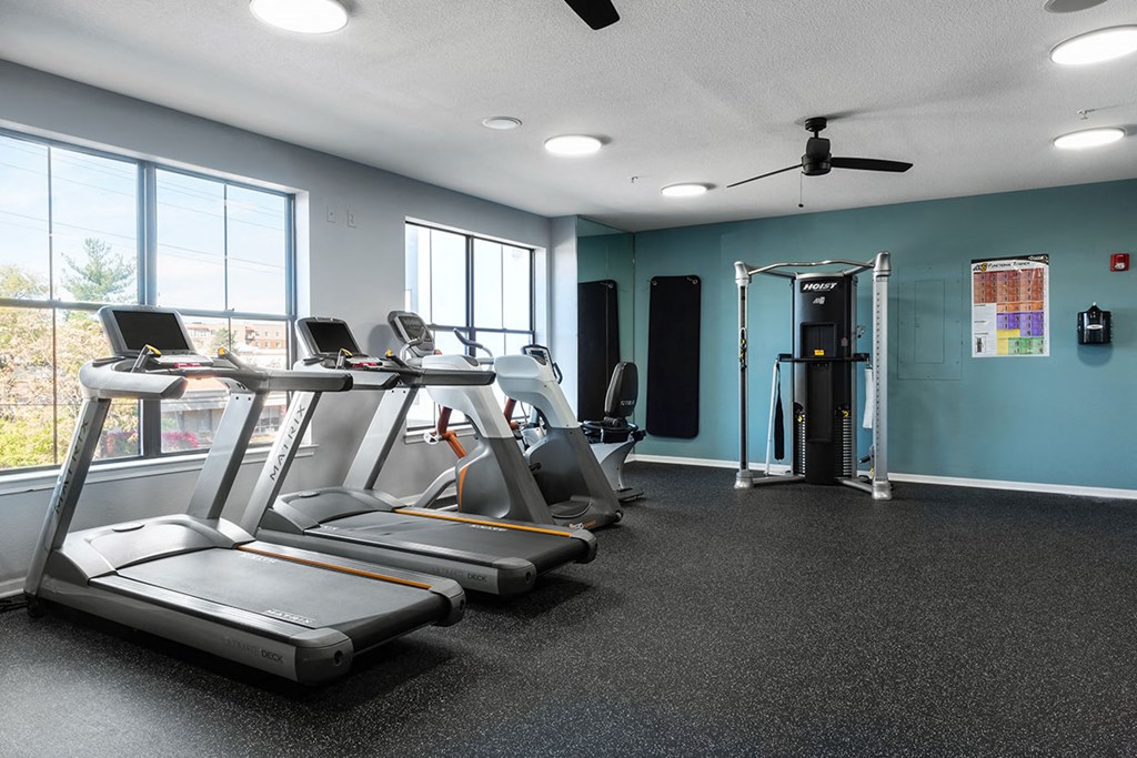 a gym with cardio equipment and windows in a building