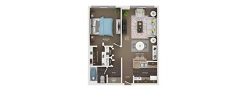 A floor plan of a small apartment with a bedroom, living room, dining area, kitchen, and bathroom.