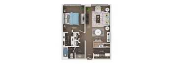 A floor plan of a small apartment with a bedroom, living room, dining area, kitchen, and bathroom.