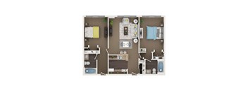 A top-down view of a small apartment layout with a bedroom, living room, kitchen, and bathroom.