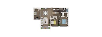 A top-down view of a house layout with a kitchen, living room, and bathrooms.