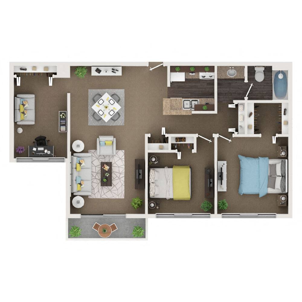 A top-down view of a house layout with a kitchen, living room, and bathrooms.