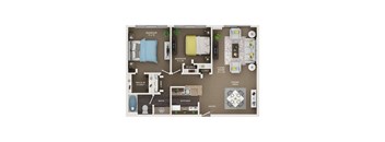A floor plan of an apartment with two bedrooms, a living room, a dining area, a kitchen, a bathroom, and a walk-in closet.
