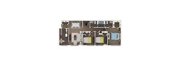 A floor plan of a house with a kitchen, living room, dining room, and three bedrooms.