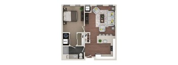 A floor plan of a house with a living room, dining room, kitchen, and bathroom.