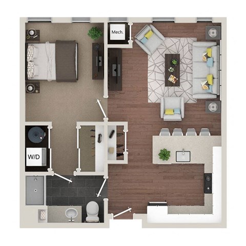 A floor plan of a house with a living room, dining room, kitchen, and bathroom.