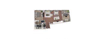 A top-down view of a house layout with a living room, dining room, kitchen, and bathrooms.