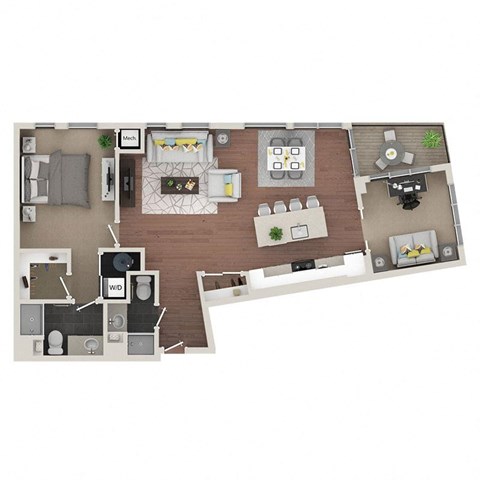 A top-down view of a house layout with a living room, dining room, kitchen, and bathrooms.