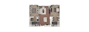 A floor plan of a house with a living room, dining room, kitchen, and bathrooms.