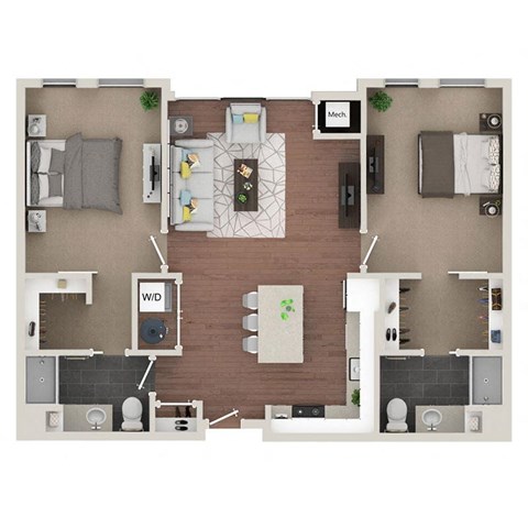 A floor plan of a house with a living room, dining room, kitchen, and bathrooms.