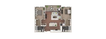 A top-down view of a living room, kitchen, and bathroom layout.