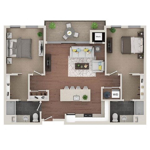 A top-down view of a living room, kitchen, and bathroom layout.