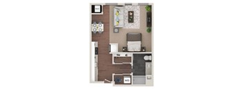 A floor plan of a room with a kitchen, living room, and bathroom.