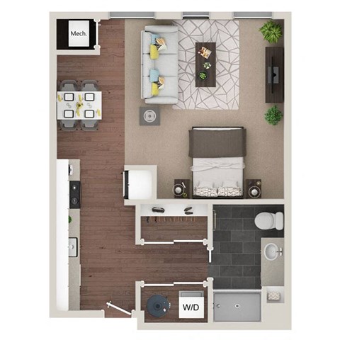 A floor plan of a room with a kitchen, living room, and bathroom.