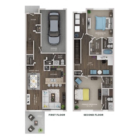 floor plan of a 2 bed 2.5 bath townhome