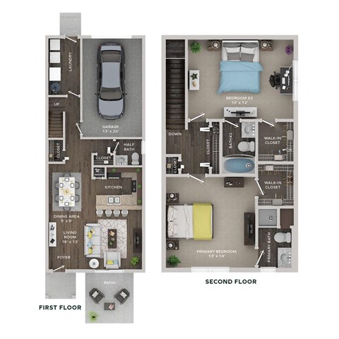 floor plan of a 2 bed 2.5 bath townhome