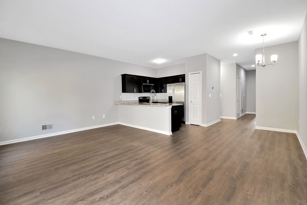 open living room and kitchen with vinyl wood flooring