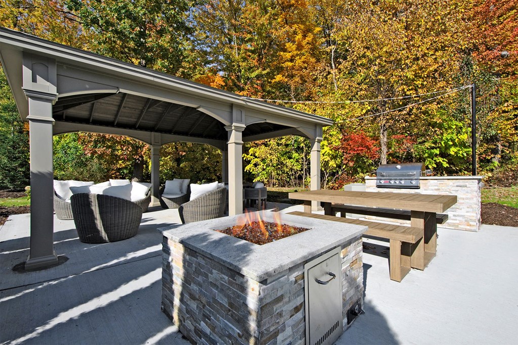 a patio with a fire pit and a picnic table