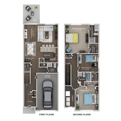 floor plan of a 3 bed 2.5 bath townhome