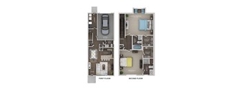 floor plan of a 2 bed 2.5 bath townhome