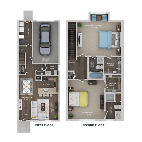 floor plan of a 2 bed 2.5 bath townhome