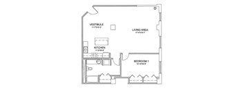 a floor plan of a bedroom floor plan with a bathroom and a living area