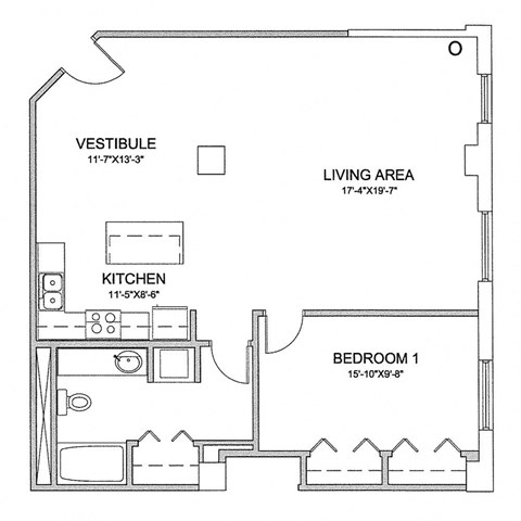 a floor plan of a bedroom floor plan with a bathroom and a living area