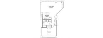 a floor plan of a house with a bedroom and a living room with a staircase